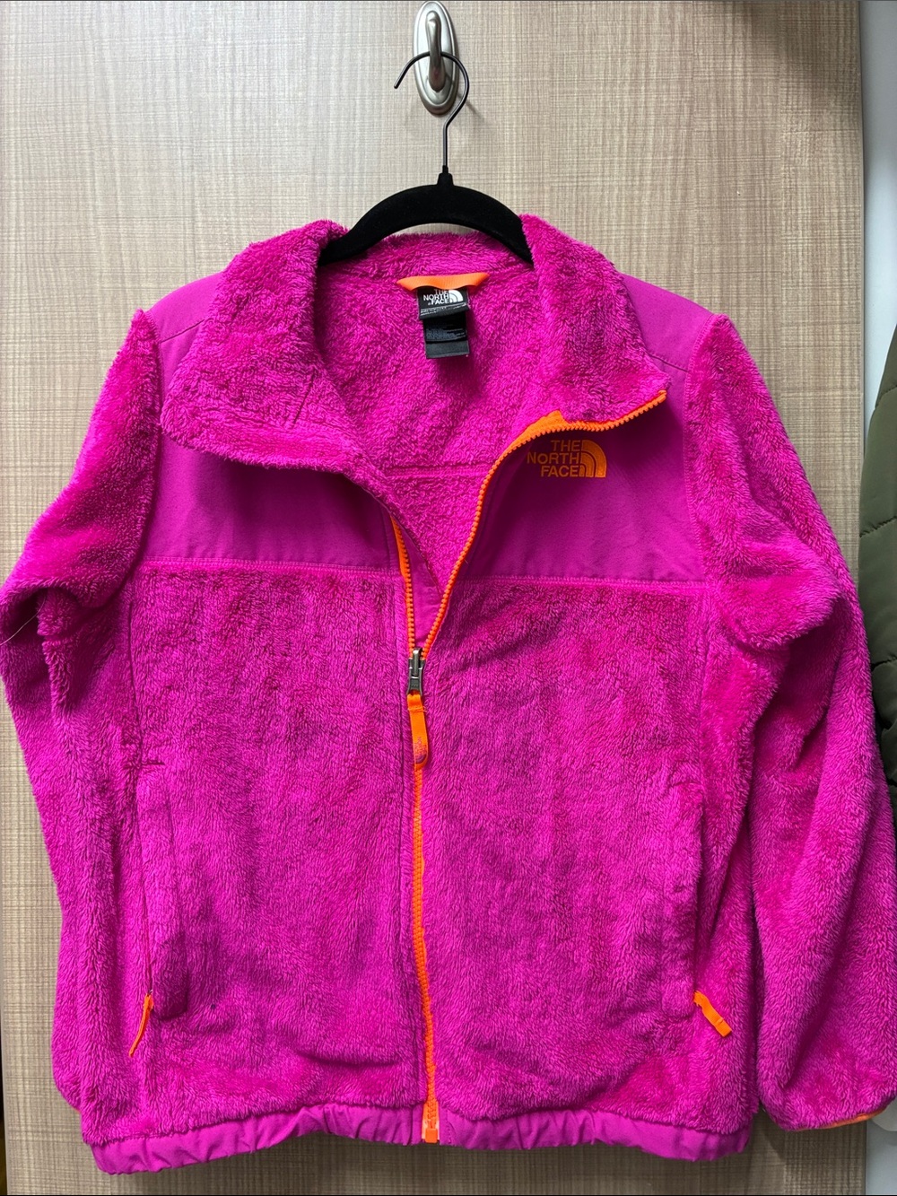 The North Face Girls 14 16 Denali Zip Front Jacket Hot Pink with Orange Trim
